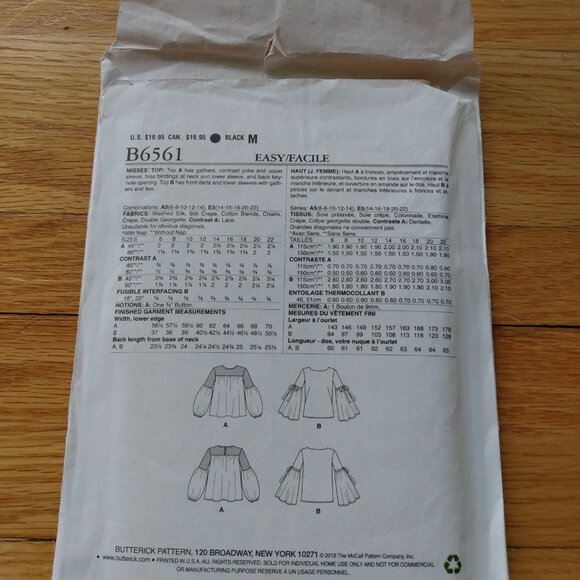Pullover Blouse Sewing Pattern Plus Size 14-22 UNCUT Butterick 6561 Fairycore - Picture 5 of 10